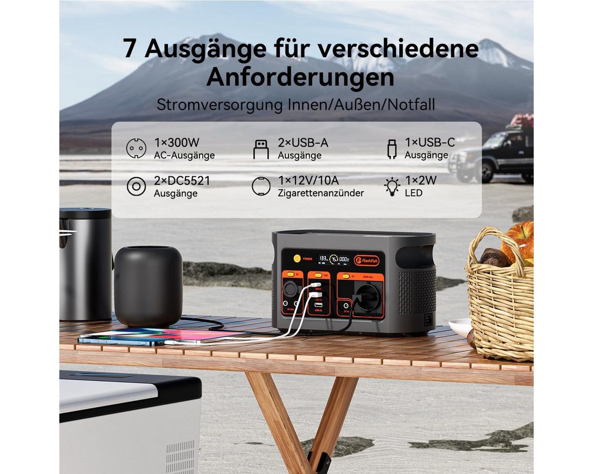 Flashfish Stromerzeuger 300W Tragbares,179,2Wh LiFePO4 Akku, Schnellladung 0–80% in 1, 0,3 in kW, Multifunktions Solar Generator für Camping, Draußen, Reisen, N – Bild 3 von 5
