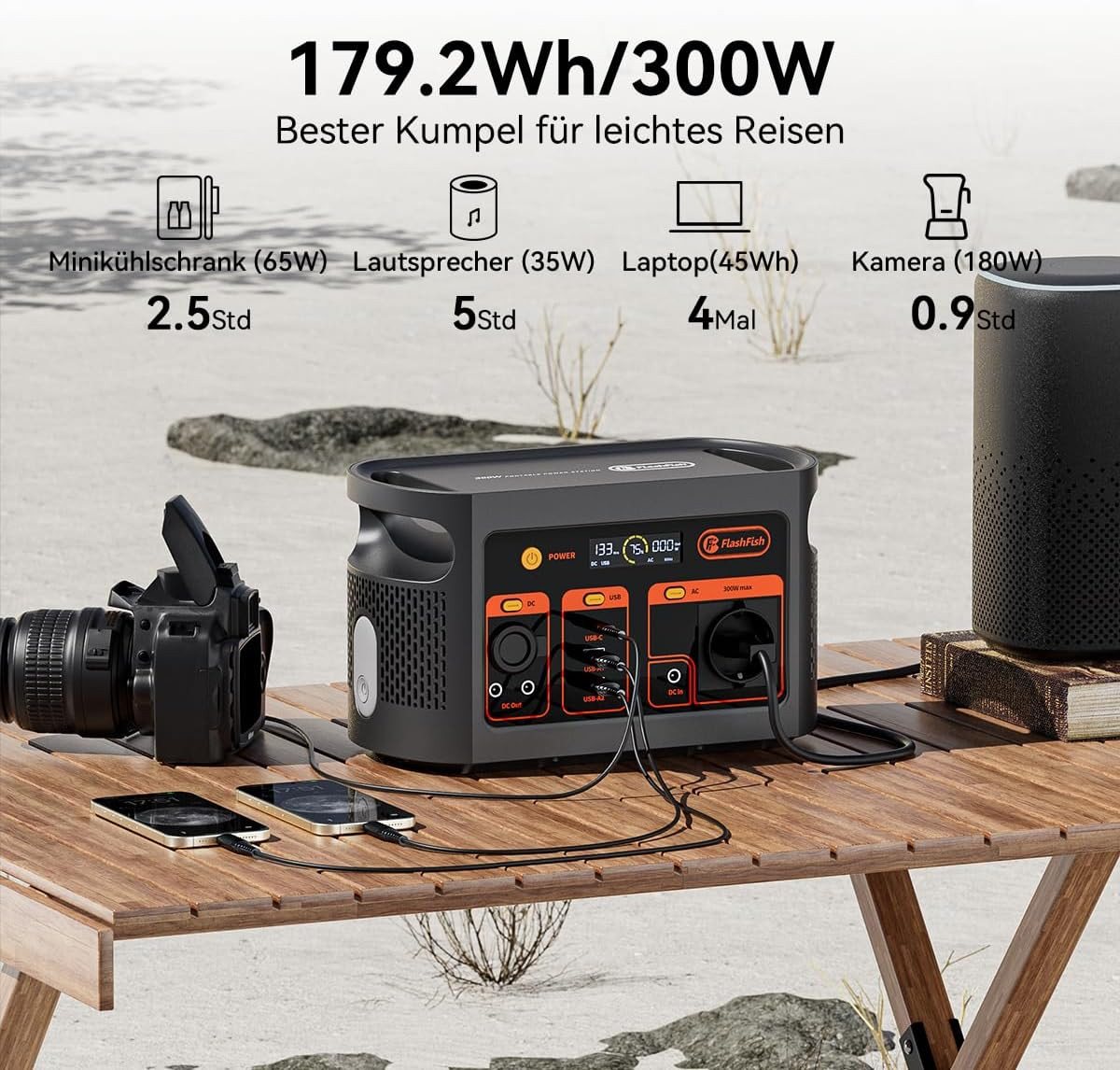 Flashfish Stromerzeuger 300W Tragbares,179,2Wh LiFePO4 Akku, Schnellladung 0–80% in 1, 0,3 in kW, Multifunktions Solar Generator für Camping, Draußen, Reisen, N – Bild 4 von 5