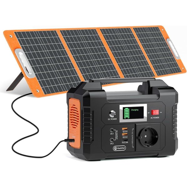 Flashfish Stromerzeuger Powerstation 200W, 151Wh Stromgenerator Solar, AC-Ausgang 230V, 0,2 in kW, (E200), mit 100w Solarpanel für Camping,Abenteuer und Notfäll
