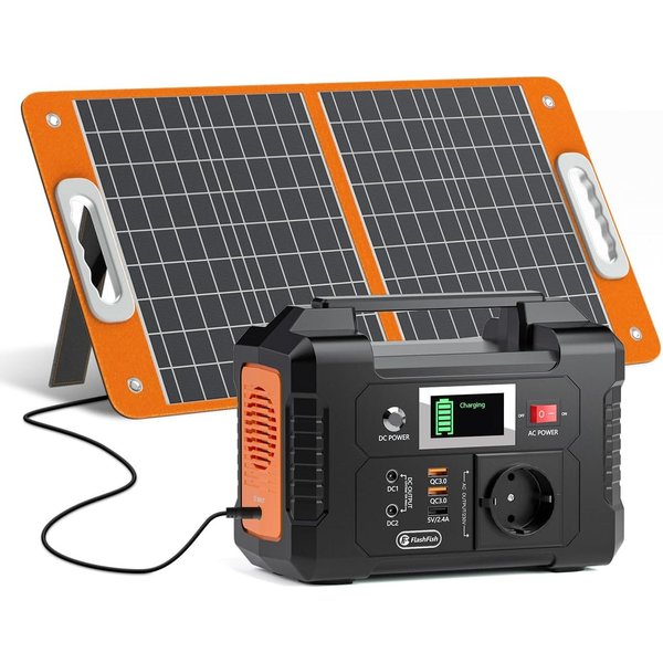 Flashfish Stromerzeuger Powerstation 200W, 151Wh Stromgenerator Solar, AC-Ausgang 230V, 0,2 in kW, (E200), mit 60w Solarpanel für Camping,Abenteuer und Notfälle