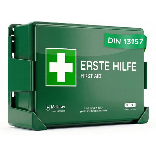 FLEXEO Erste-Hilfe-Koffer DIN 13157, (1 St), Betriebsverbandkasten inkl. Wandhalterung, grün