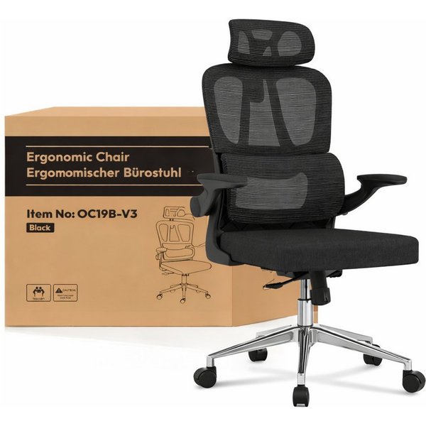FLEXISPOT Bürostuhl Ergonomischer Schreibtischstuhl (mit 2D-Kopfstütze, Klappbare Armlehnen & Dynamische Lendenstütze), Stuhl mit 120° Wippfunktion für Homeoffi
