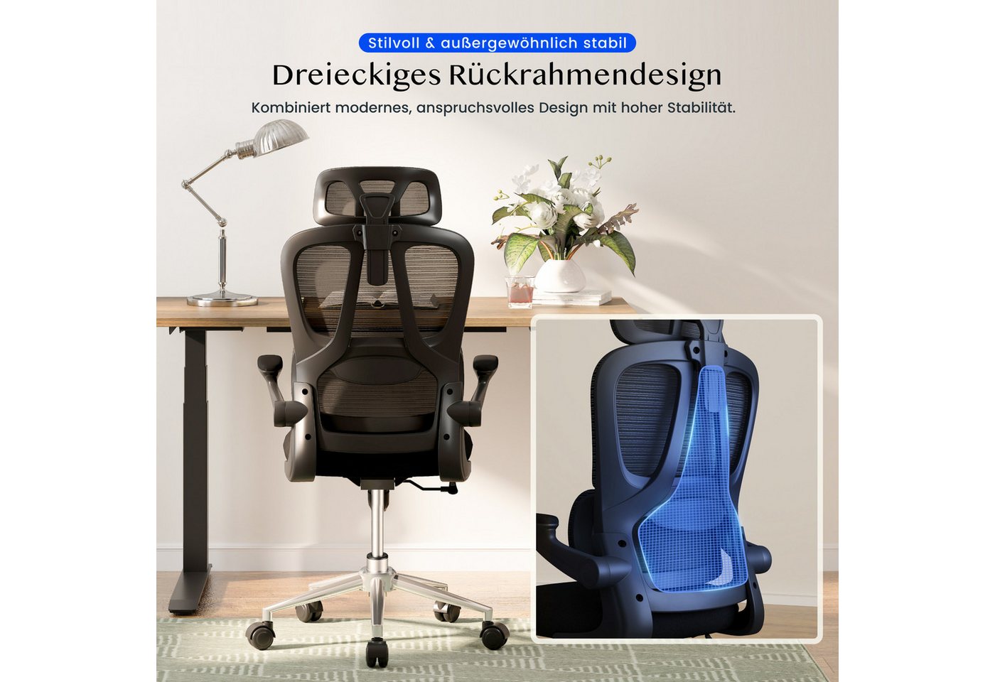 FLEXISPOT Bürostuhl Ergonomischer Schreibtischstuhl (mit 2D-Kopfstütze, Klappbare Armlehnen & Dynamische Lendenstütze), Stuhl mit 120° Wippfunktion für Homeoffi – Bild 2 von 5