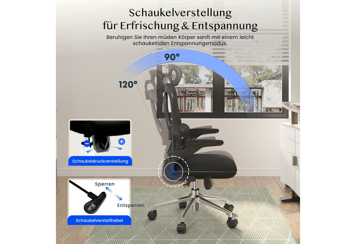 FLEXISPOT Bürostuhl Ergonomischer Schreibtischstuhl (mit 2D-Kopfstütze, Klappbare Armlehnen & Dynamische Lendenstütze), Stuhl mit 120° Wippfunktion für Homeoffi – Bild 4 von 5