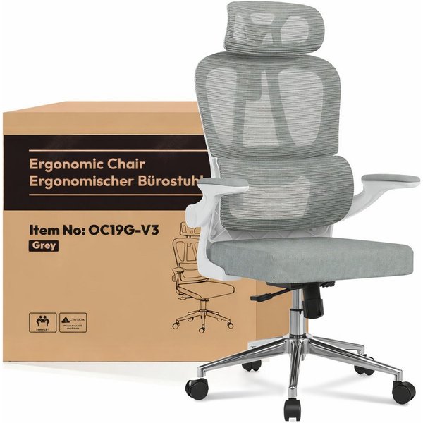 FLEXISPOT Bürostuhl Ergonomischer Schreibtischstuhl (mit 2D-Kopfstütze, Klappbare Armlehnen & Dynamische Lendenstütze), Stuhl mit 120° Wippfunktion für Homeoffi