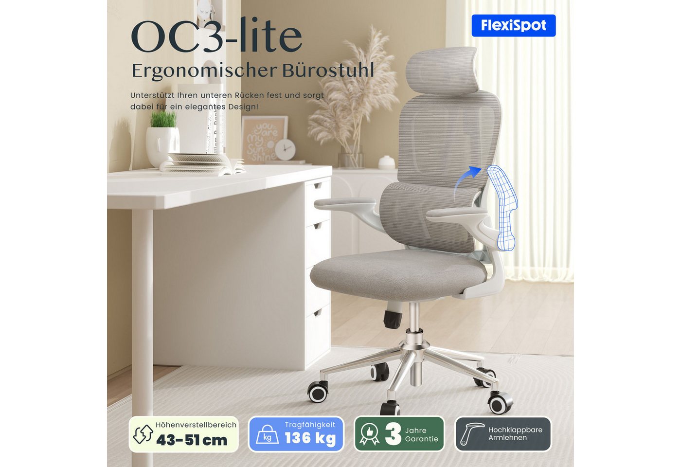FLEXISPOT Bürostuhl Ergonomischer Schreibtischstuhl (mit 2D-Kopfstütze, Klappbare Armlehnen & Dynamische Lendenstütze), Stuhl mit 120° Wippfunktion für Homeoffi – Bild 2 von 5