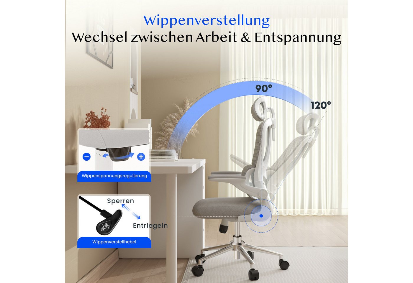 FLEXISPOT Bürostuhl Ergonomischer Schreibtischstuhl (mit 2D-Kopfstütze, Klappbare Armlehnen & Dynamische Lendenstütze), Stuhl mit 120° Wippfunktion für Homeoffi – Bild 3 von 5