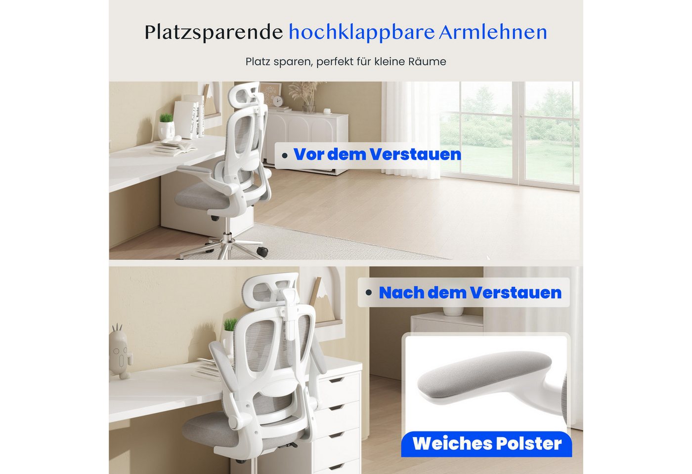 FLEXISPOT Bürostuhl Ergonomischer Schreibtischstuhl (mit 2D-Kopfstütze, Klappbare Armlehnen & Dynamische Lendenstütze), Stuhl mit 120° Wippfunktion für Homeoffi – Bild 5 von 5