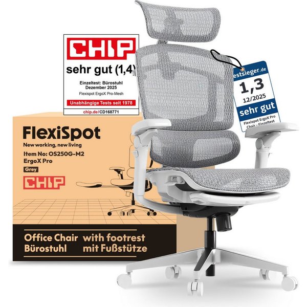 FLEXISPOT Bürostuhl ErgoX, Schreibtischstuhl Premium Ergonomischer (mit 7D-Armlehnen, 5D-Lendenstütze, 4D-Kopfstütze), Netzsitz Schreibtischstuhl mit Fußstütze,