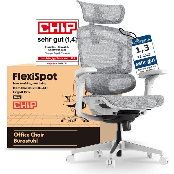 FLEXISPOT Bürostuhl ErgoX, Schreibtischstuhl Premium Ergonomischer (mit 7D-Armlehnen, 5D-Lendenstütze, 4D-Kopfstütze), Netzsitz Schreibtischstuhl, 250 kg Belast