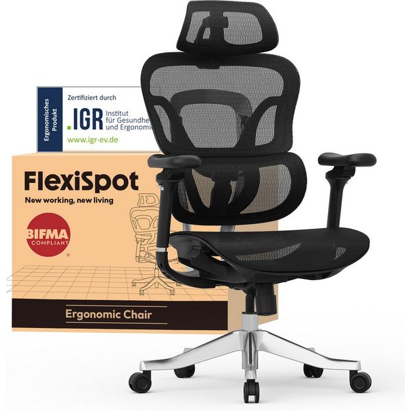 FLEXISPOT Bürostuhl ErgoX, Schreibtischstuhl Premium Ergonomischer (Rückenlehne verstellbar 90°-135°, mit 5D Armlehnen & 4D Kopfstütze, 5D-verstellbare Rückenle