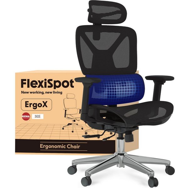 FLEXISPOT Bürostuhl ErgoX, Schreibtischstuhl Premium Ergonomischer (Rückenlehne verstellbar 90°-135°, 3D-Armlehnen, 3D-Kopfstütze, 5D-verstellbare Rückenlehne),