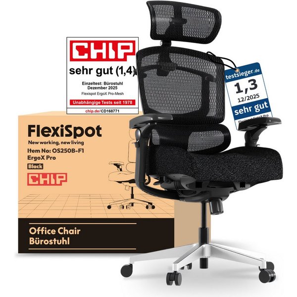 FLEXISPOT Bürostuhl ErgoX, Schreibtischstuhl Premium Ergonomischer (mit 7D-Armlehnen, 5D-Lendenstütze, 4D-Kopfstütze), Schaumstoffsitz Schreibtischstuhl, 250 kg