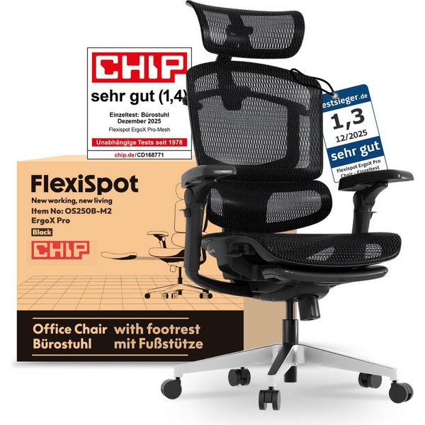 FLEXISPOT Bürostuhl ErgoX, Schreibtischstuhl Premium Ergonomischer (mit 7D-Armlehnen, 5D-Lendenstütze, 4D-Kopfstütze), Netzsitz Schreibtischstuhl mit Fußstütze,