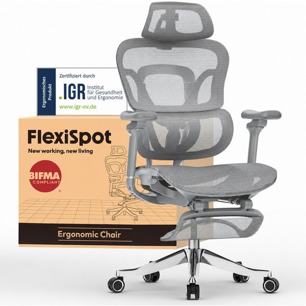 FLEXISPOT Bürostuhl ErgoX, Schreibtischstuhl Premium Ergonomischer (MIT Fußstütze, 5D Armlehnen & 4D Kopfstütze, 5D-verstellbare Rückenlehne), für Büroarbeit, H