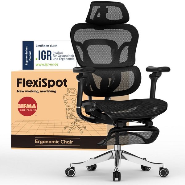 FLEXISPOT Bürostuhl ErgoX, Schreibtischstuhl Premium Ergonomischer (MIT Fußstütze, 5D Armlehnen & 4D Kopfstütze, 5D-verstellbare Rückenlehne), für Büroarbeit, H