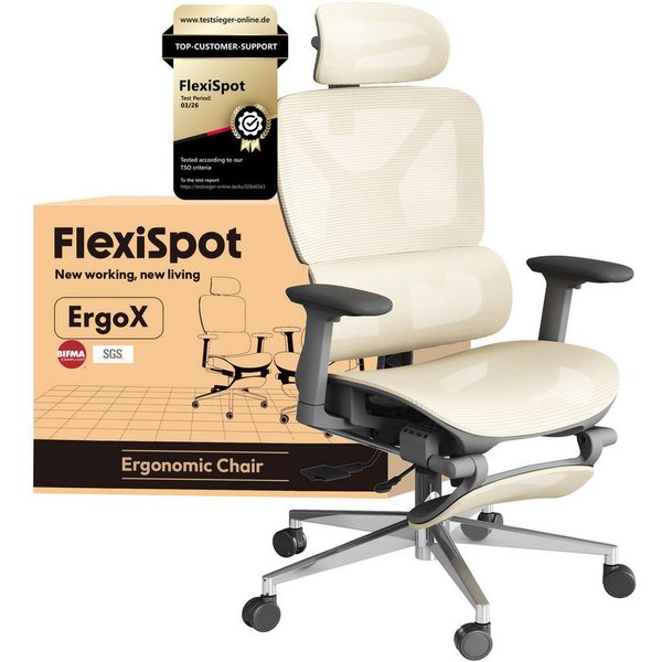 FLEXISPOT Bürostuhl ErgoX, Premium Ergonomischer Schreibtischstuhl (Rückenlehne 90°-135° verstellbar, 3D-Armlehnen, 3D-Kopfstütze, 5D-Rückenlehne), 136 kg Tragk