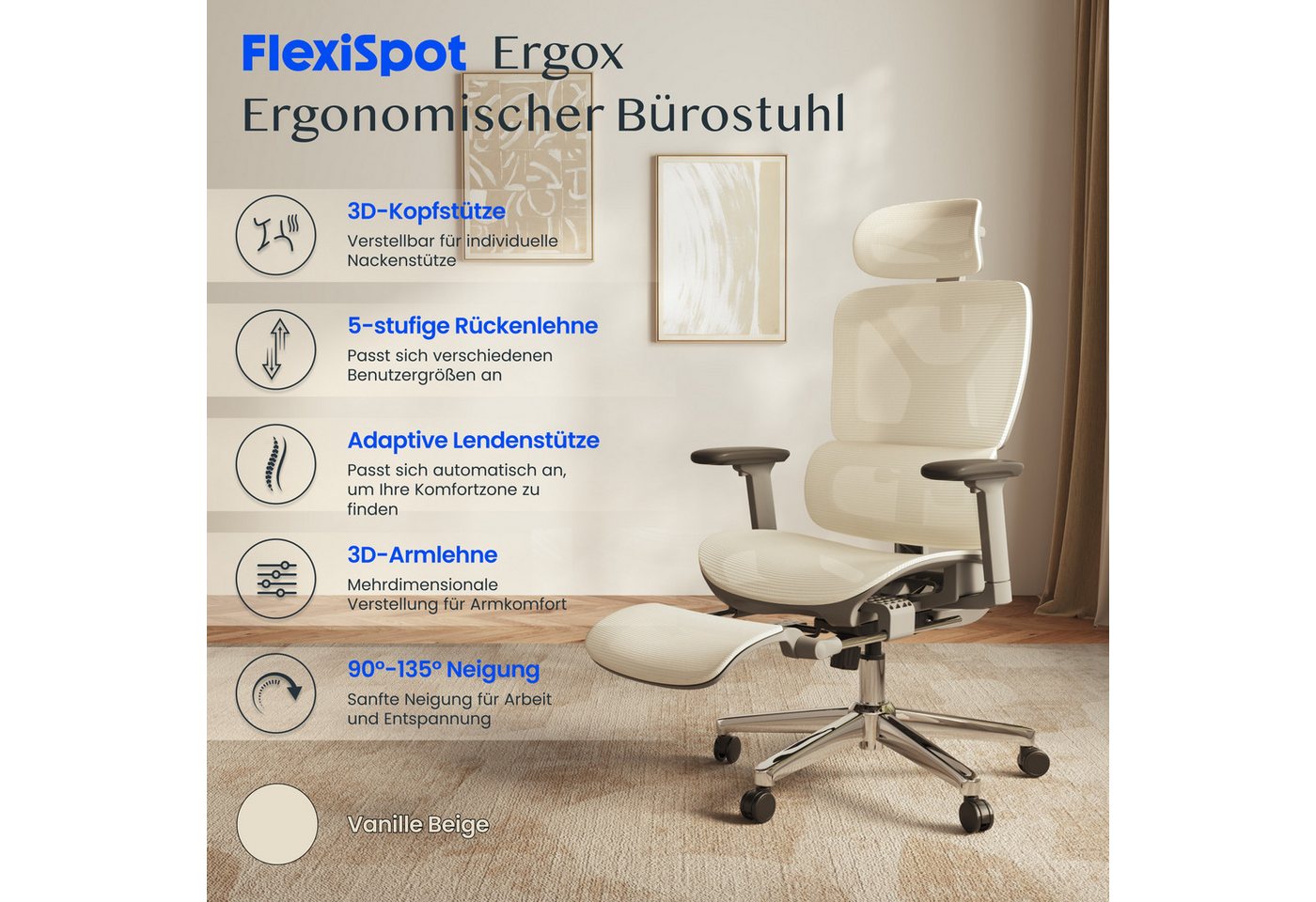 FLEXISPOT Bürostuhl ErgoX, Premium Ergonomischer Schreibtischstuhl (Rückenlehne 90°-135° verstellbar, 3D-Armlehnen, 3D-Kopfstütze, 5D-Rückenlehne), 136 kg Tragk – Bild 2 von 5