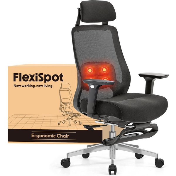 FLEXISPOT Bürostuhl MasterEase Massage Bürostuhl mit Fußstütze (ergonomischer High-Back-Schreibtischstuhl mit 2D-Lendenstütze mit Heiz und Massagefunktion), 4-f