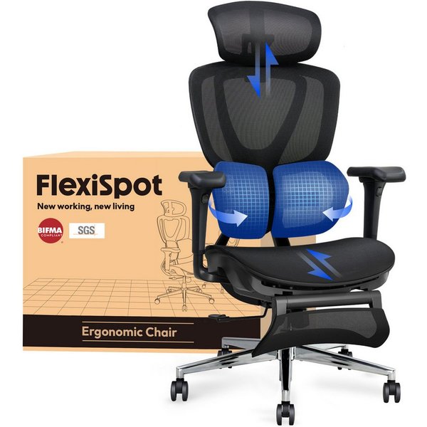 FLEXISPOT Drehstuhl Ergonomischer Bürostuhl, Arbeitsstuhl mit Dual-Wing Lendenstütze (3D-Kopfstütze & 3D-Armlehnen & Verstellbarer Sitztiefe), 3-Stufen Neigung 