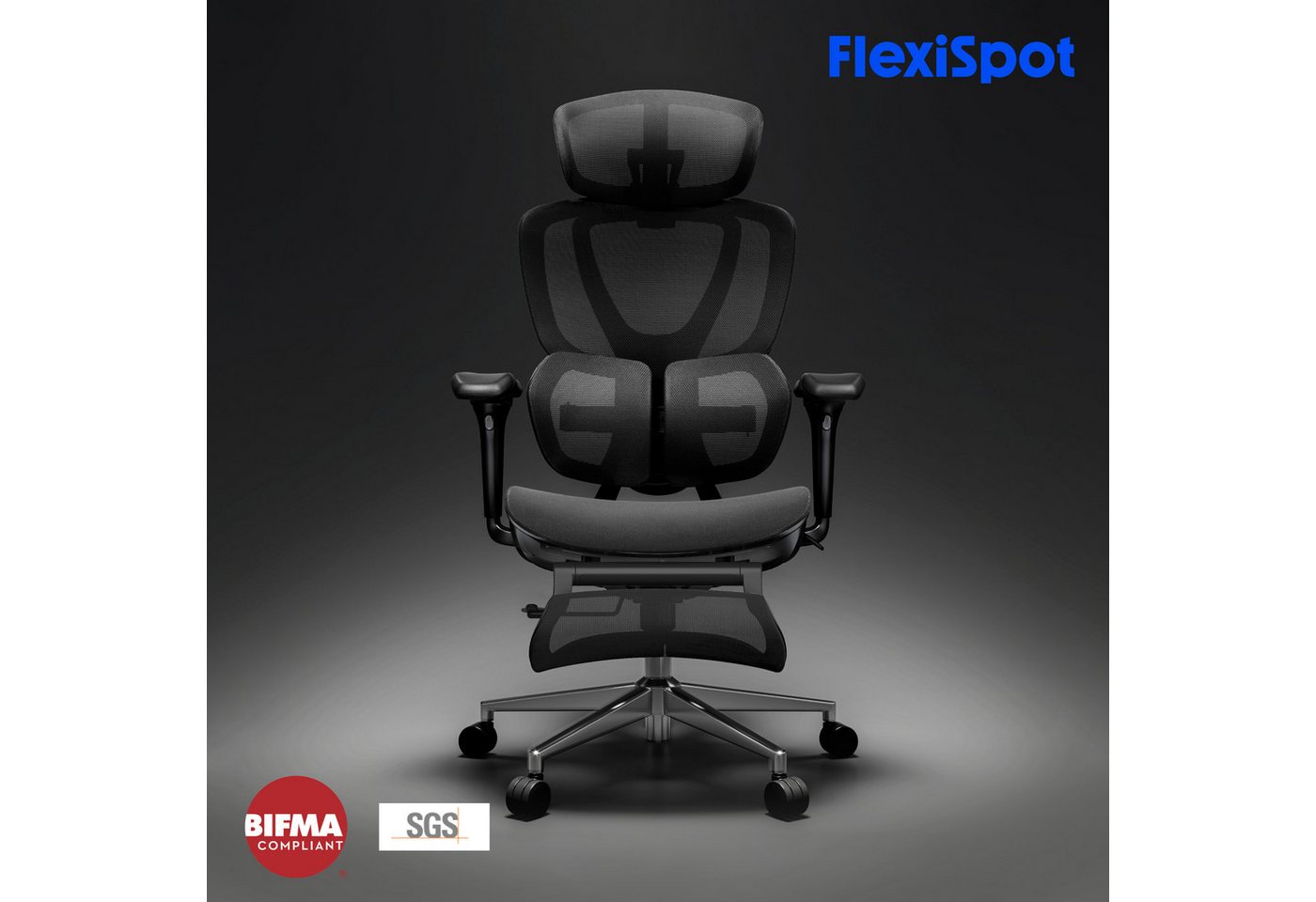 FLEXISPOT Drehstuhl Ergonomischer Bürostuhl, Arbeitsstuhl mit Dual-Wing Lendenstütze (3D-Kopfstütze & 3D-Armlehnen & Verstellbarer Sitztiefe), 3-Stufen Neigung  – Bild 2 von 5