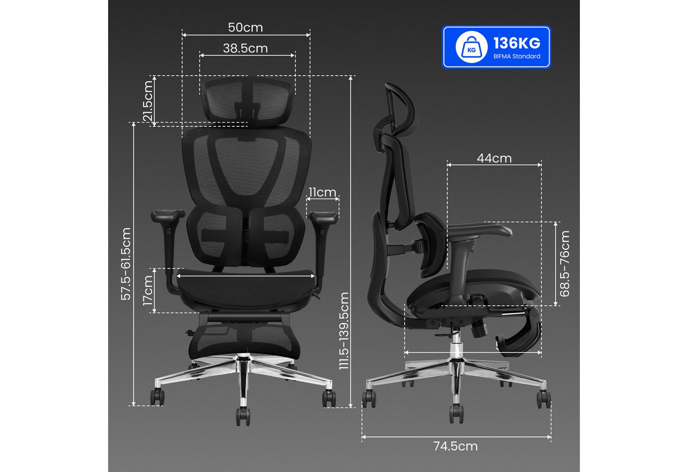 FLEXISPOT Drehstuhl Ergonomischer Bürostuhl, Arbeitsstuhl mit Dual-Wing Lendenstütze (3D-Kopfstütze & 3D-Armlehnen & Verstellbarer Sitztiefe), 3-Stufen Neigung  – Bild 3 von 5