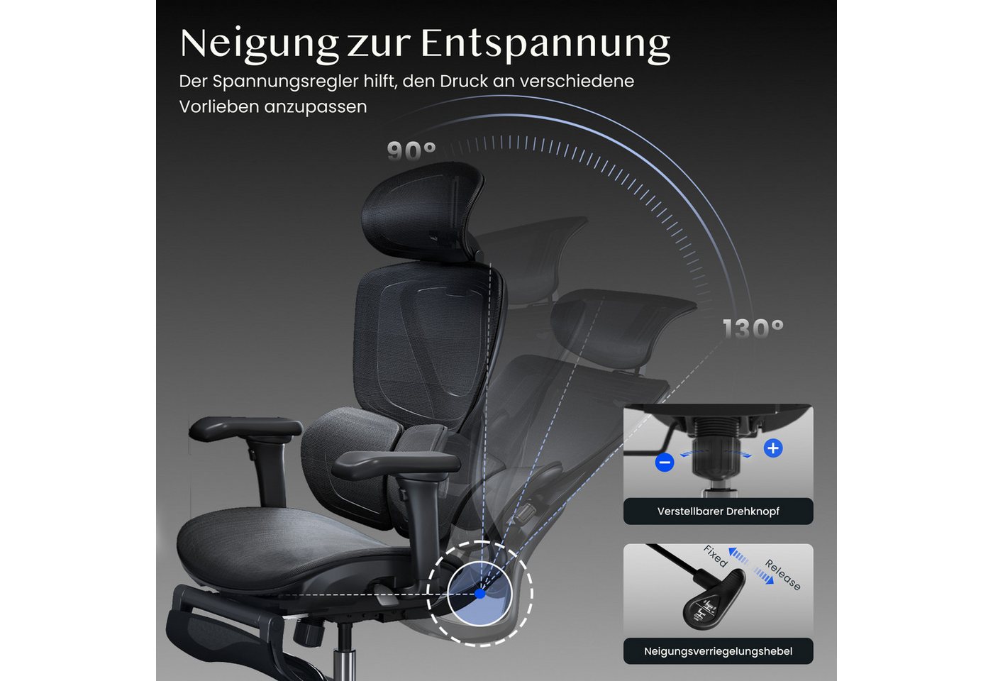 FLEXISPOT Drehstuhl Ergonomischer Bürostuhl, Arbeitsstuhl mit Dual-Wing Lendenstütze (3D-Kopfstütze & 3D-Armlehnen & Verstellbarer Sitztiefe), 3-Stufen Neigung  – Bild 4 von 5