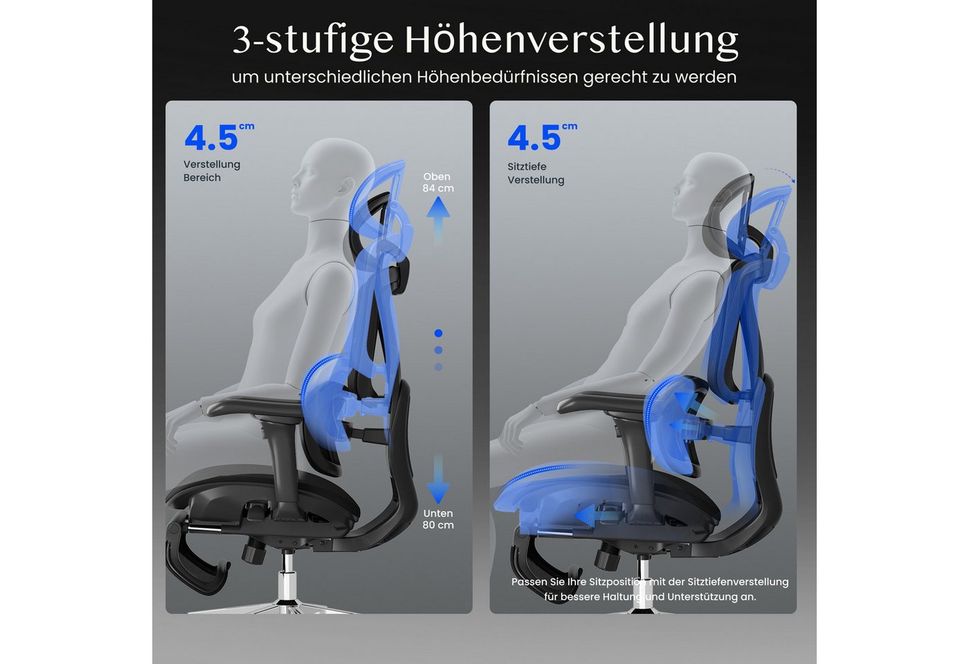 FLEXISPOT Drehstuhl Ergonomischer Bürostuhl, Arbeitsstuhl mit Dual-Wing Lendenstütze (3D-Kopfstütze & 3D-Armlehnen & Verstellbarer Sitztiefe), 3-Stufen Neigung  – Bild 5 von 5