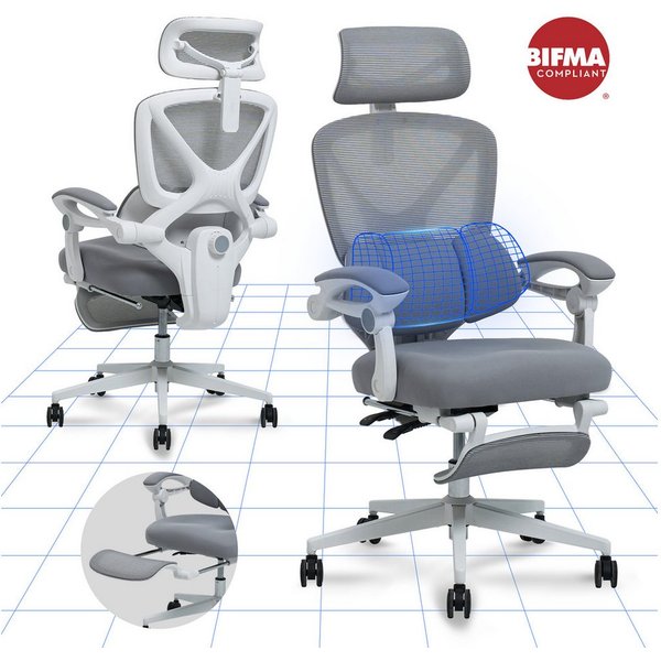 FLEXISPOT Drehstuhl Ergonomischer Bürostuhl mit X-Design (135° neigbare Rückenlehne & 3D-Kopfstütze & zonenverstellbare Lendenunterstützung), Synchron-Armlehnen
