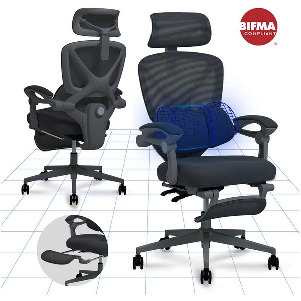 FLEXISPOT Drehstuhl Ergonomischer Bürostuhl mit X-Design (135° neigbare Rückenlehne & 3D-Kopfstütze & zonenverstellbare Lendenunterstützung), Synchron-Armlehnen