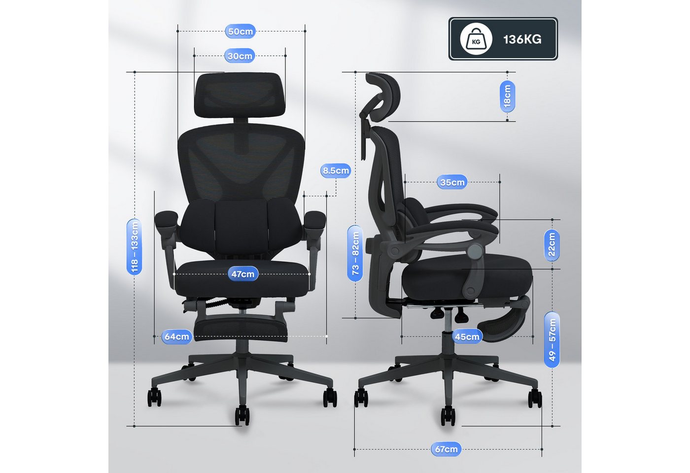 FLEXISPOT Drehstuhl Ergonomischer Bürostuhl mit X-Design (135° neigbare Rückenlehne & 3D-Kopfstütze & zonenverstellbare Lendenunterstützung), Synchron-Armlehnen – Bild 4 von 5