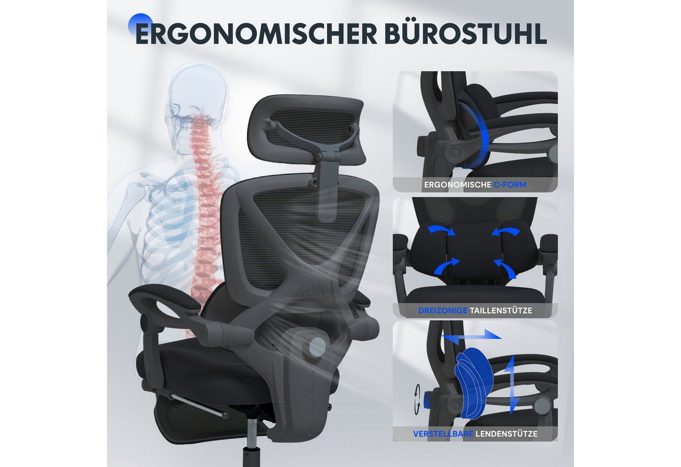FLEXISPOT Drehstuhl Ergonomischer Bürostuhl mit X-Design (135° neigbare Rückenlehne & 3D-Kopfstütze & zonenverstellbare Lendenunterstützung), Synchron-Armlehnen – Bild 5 von 5