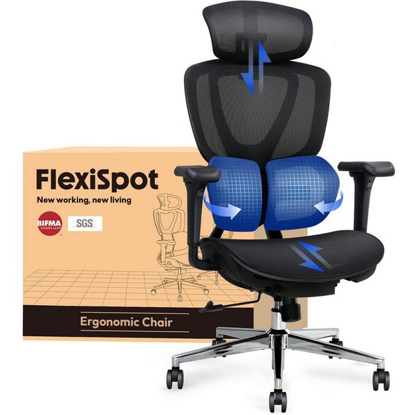 FLEXISPOT Drehstuhl Ergonomischer Bürostuhl, Arbeitsstuhl mit Dual-Wing Lendenstütze (3D-Kopfstütze & 3D-Armlehnen & Verstellbarer Sitztiefe), 3-Stufen Neigung