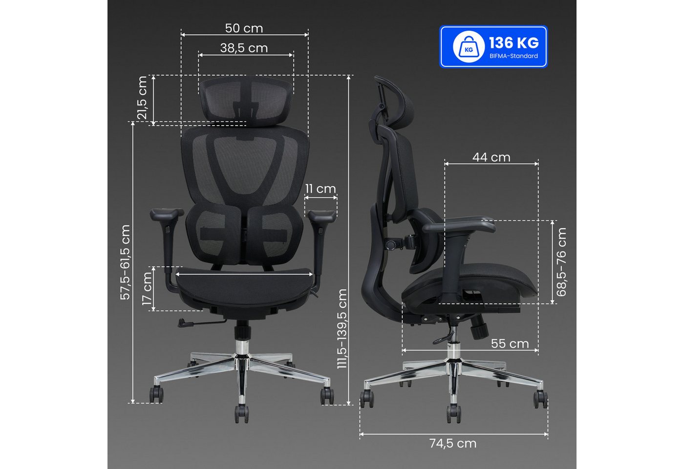 FLEXISPOT Drehstuhl Ergonomischer Bürostuhl, Arbeitsstuhl mit Dual-Wing Lendenstütze (3D-Kopfstütze & 3D-Armlehnen & Verstellbarer Sitztiefe), 3-Stufen Neigung  – Bild 3 von 5