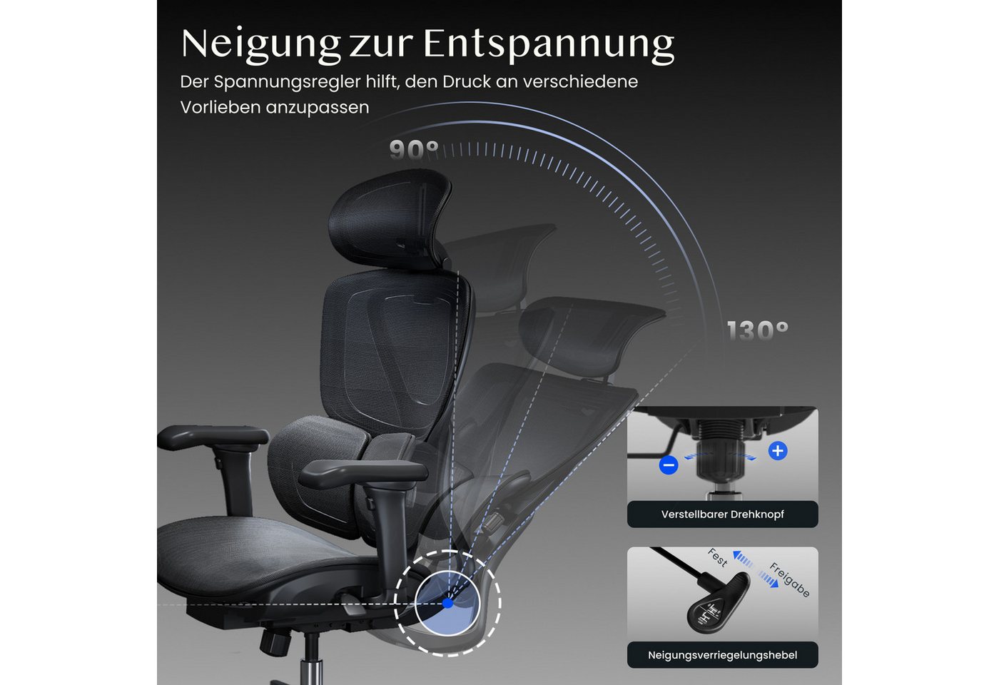 FLEXISPOT Drehstuhl Ergonomischer Bürostuhl, Arbeitsstuhl mit Dual-Wing Lendenstütze (3D-Kopfstütze & 3D-Armlehnen & Verstellbarer Sitztiefe), 3-Stufen Neigung  – Bild 4 von 5