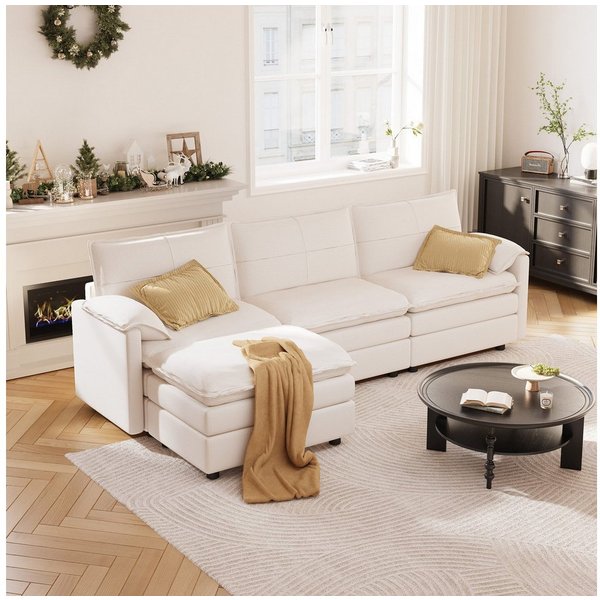 FLEXISPOT Ecksofa 4-Sitzer Sofa Sofabed mit Hocker & Stauraum, L-förmiges Ecksofa, Modulares Sofa platzsparend für Wohnzimmer Weiß