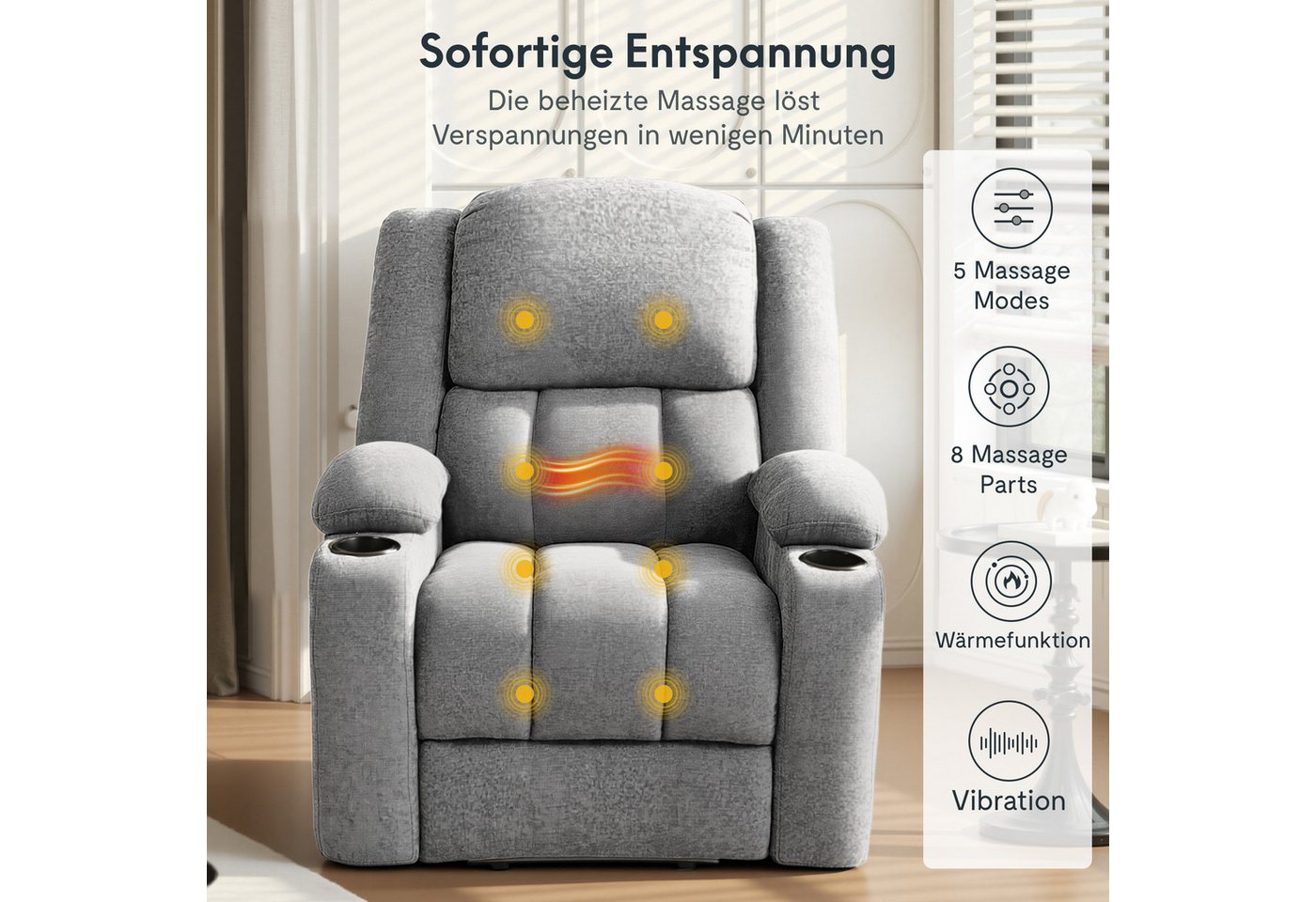 FLEXISPOT Relaxsessel Elektrischer Relaxsessel mit Aufstehhilfe, Massage- und Liegefunktion (mit Heizfunktion, 8-Punkt-Massage, USB-/Type-C-Anschluss, 2 Seitent – Bild 2 von 5