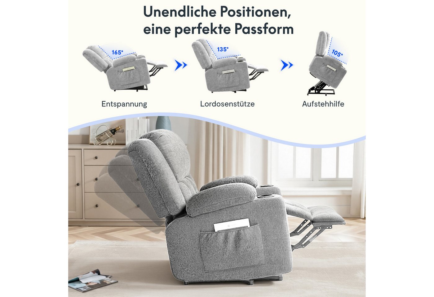 FLEXISPOT Relaxsessel Elektrischer Relaxsessel mit Aufstehhilfe, Massage- und Liegefunktion (mit Heizfunktion, 8-Punkt-Massage, USB-/Type-C-Anschluss, 2 Seitent – Bild 4 von 5