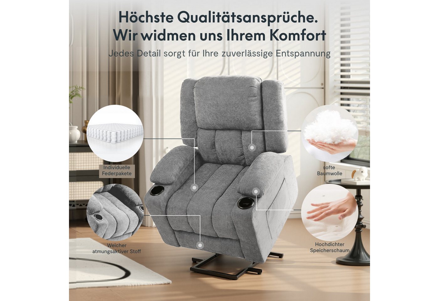 FLEXISPOT Relaxsessel Elektrischer Relaxsessel mit Aufstehhilfe, Massage- und Liegefunktion (mit Heizfunktion, 8-Punkt-Massage, USB-/Type-C-Anschluss, 2 Seitent – Bild 5 von 5