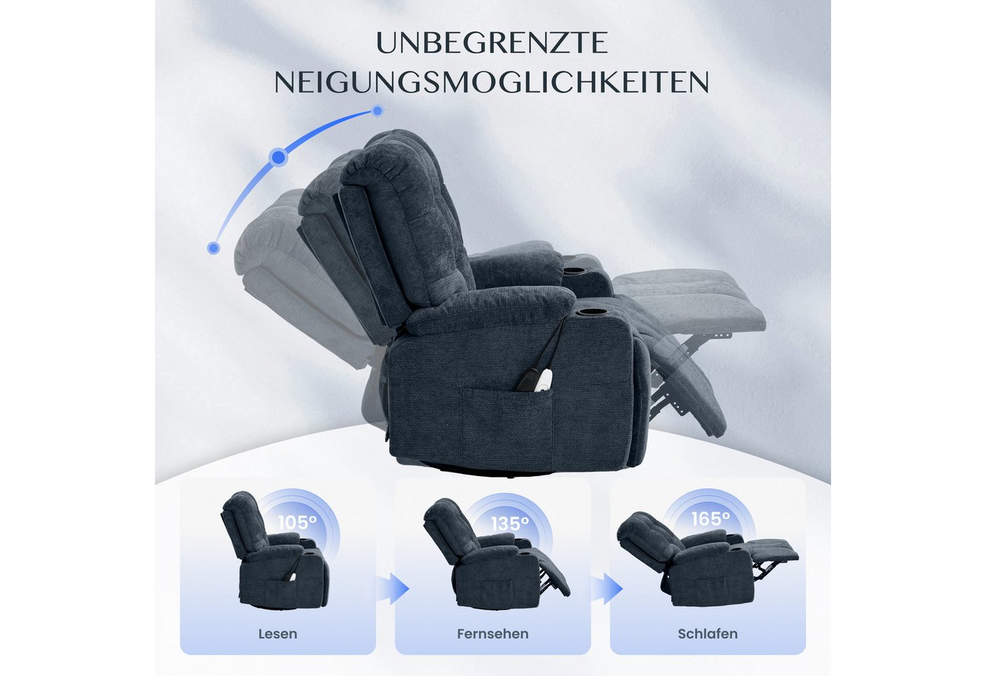 FLEXISPOT Relaxsessel Elektrischer Schaukelsessel, Massagesessel, Fernsehsessel,360°drehbar (mit Heiz- und Liegefunktion, 8-Punkt-Massage, USB-/Type-C-Ansclhlus – Bild 3 von 5
