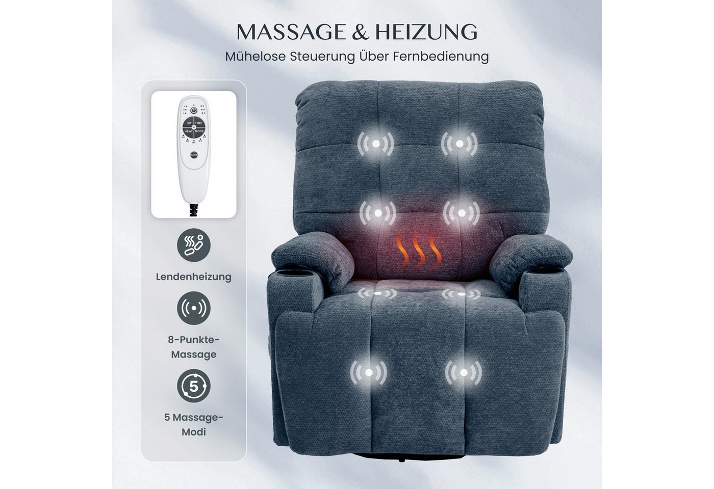 FLEXISPOT Relaxsessel Elektrischer Schaukelsessel, Massagesessel, Fernsehsessel,360°drehbar (mit Heiz- und Liegefunktion, 8-Punkt-Massage, USB-/Type-C-Ansclhlus – Bild 4 von 5