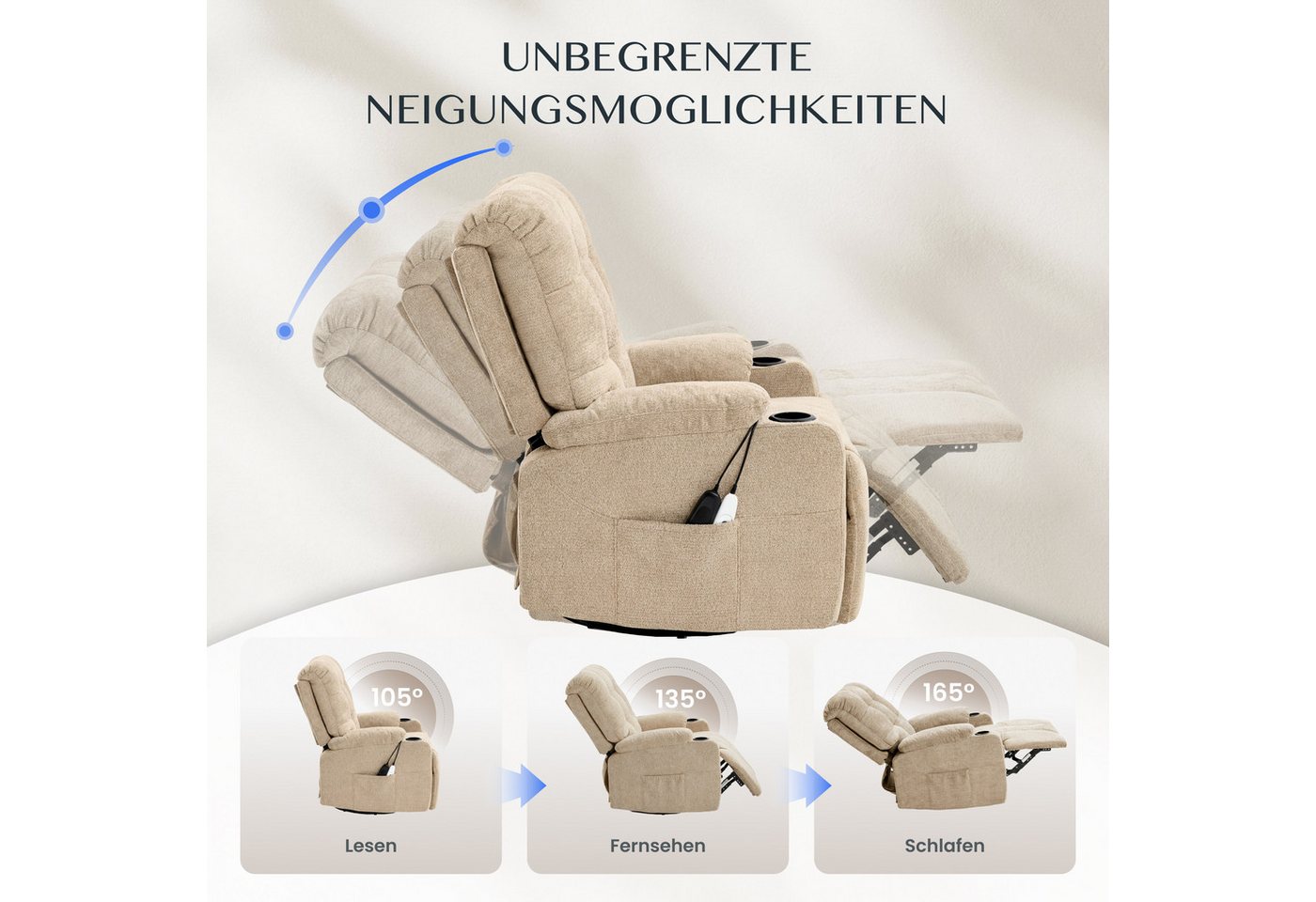 FLEXISPOT Relaxsessel Elektrischer Schaukelsessel, Massagesessel, Fernsehsessel,360°drehbar (mit Heiz- und Liegefunktion, 8-Punkt-Massage, USB-/Type-C-Ansclhlus – Bild 3 von 5