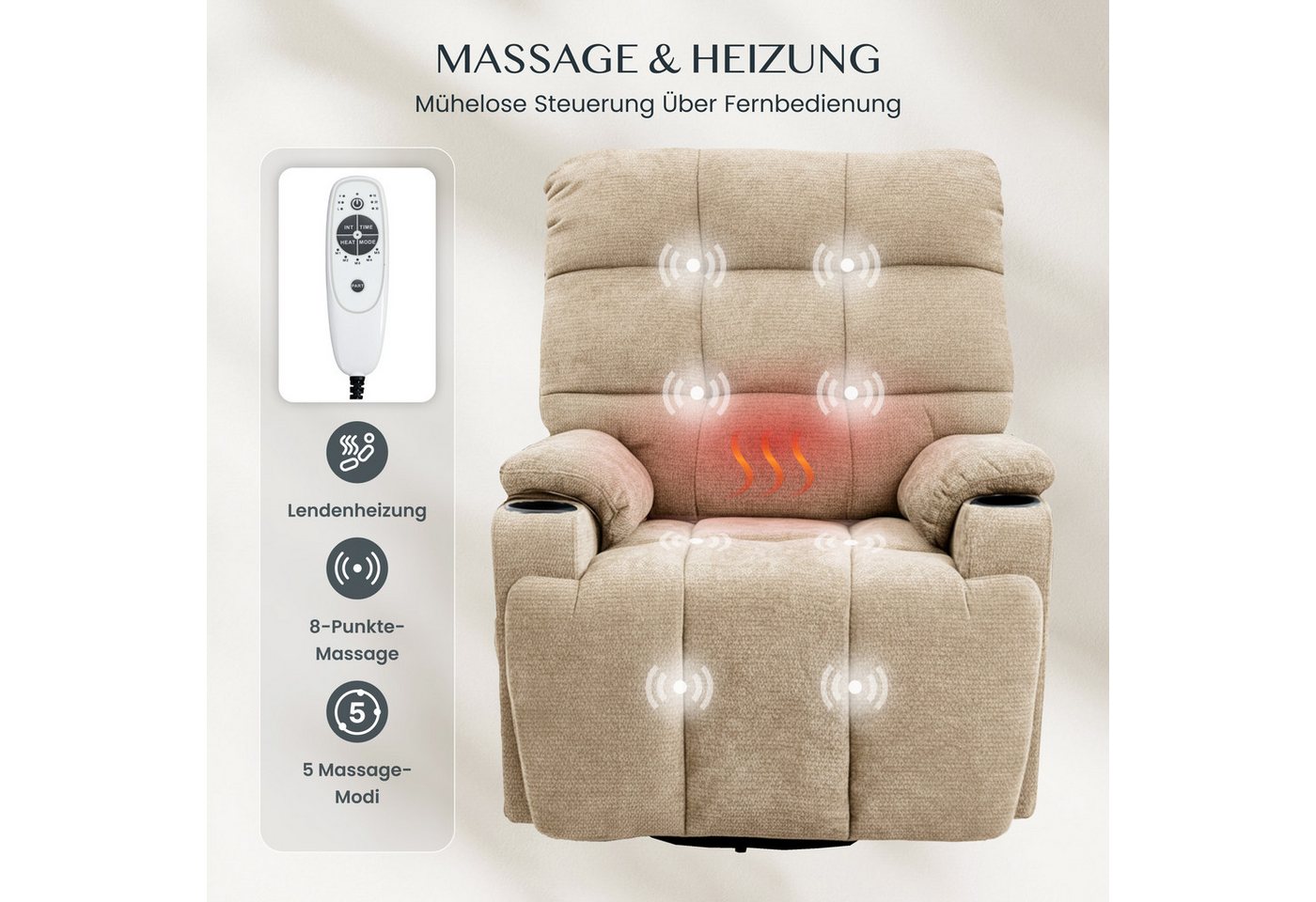 FLEXISPOT Relaxsessel Elektrischer Schaukelsessel, Massagesessel, Fernsehsessel,360°drehbar (mit Heiz- und Liegefunktion, 8-Punkt-Massage, USB-/Type-C-Ansclhlus – Bild 4 von 5