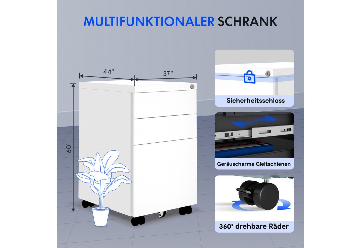 FLEXISPOT Rollcontainer Aufbewahrungsschrank, Büroschrank MIT Schloss, vormontiert, (inkl. 3 Schubladen, grundsolide Verarbeitung, Bürocontainer mit Schubladen  – Bild 2 von 5