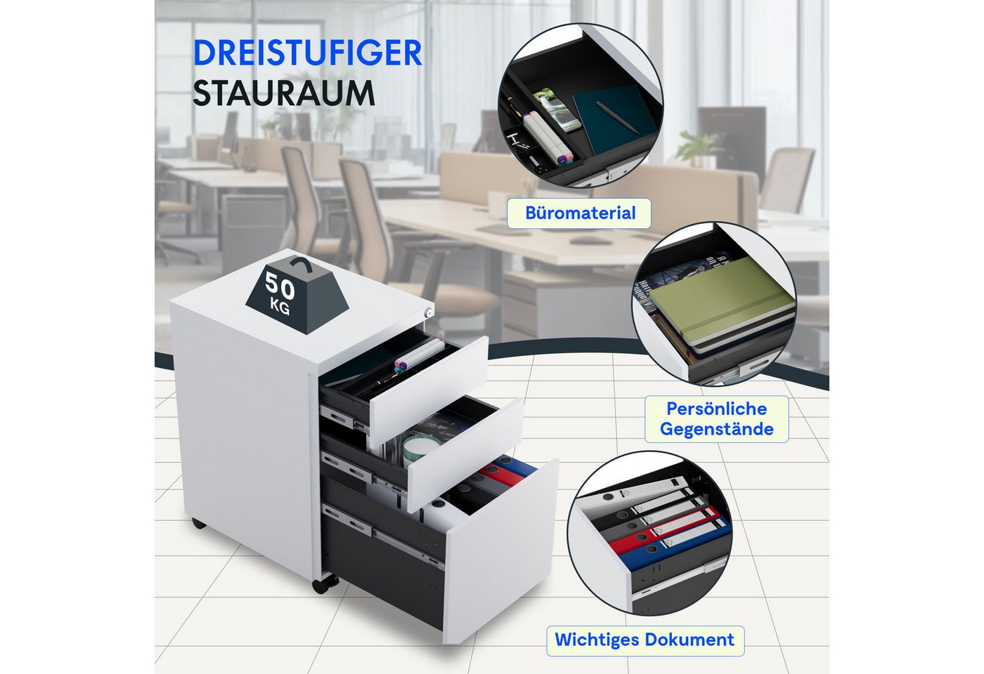 FLEXISPOT Rollcontainer Aufbewahrungsschrank, Büroschrank MIT Schloss, vormontiert, (inkl. 3 Schubladen, grundsolide Verarbeitung, Bürocontainer mit Schubladen  – Bild 4 von 5