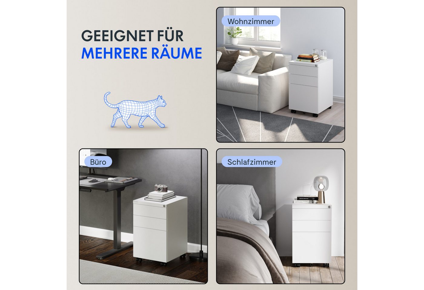 FLEXISPOT Rollcontainer Aufbewahrungsschrank, Büroschrank MIT Schloss, vormontiert, (inkl. 3 Schubladen, grundsolide Verarbeitung, Bürocontainer mit Schubladen  – Bild 5 von 5