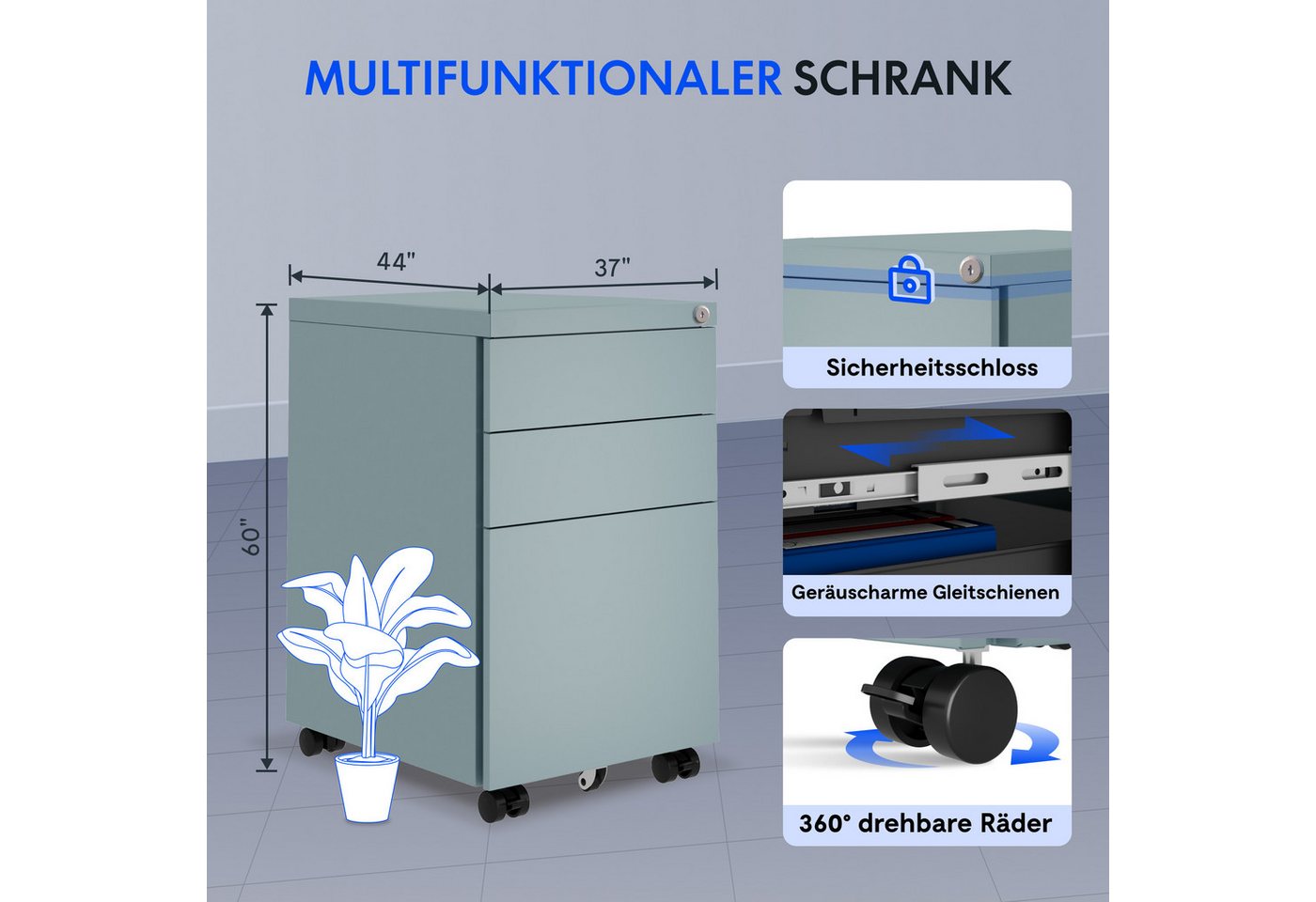 FLEXISPOT Rollcontainer Aufbewahrungsschrank, Büroschrank MIT Schloss, vormontiert, (inkl. 3 Schubladen, grundsolide Verarbeitung, Bürocontainer mit Schubladen  – Bild 2 von 5