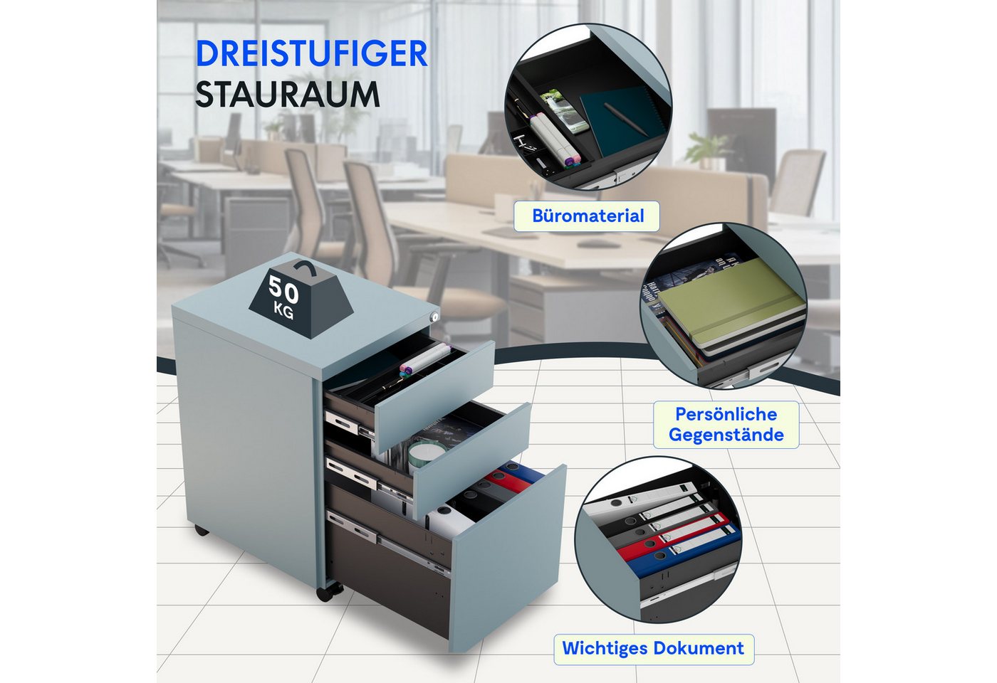FLEXISPOT Rollcontainer Aufbewahrungsschrank, Büroschrank MIT Schloss, vormontiert, (inkl. 3 Schubladen, grundsolide Verarbeitung, Bürocontainer mit Schubladen  – Bild 4 von 5