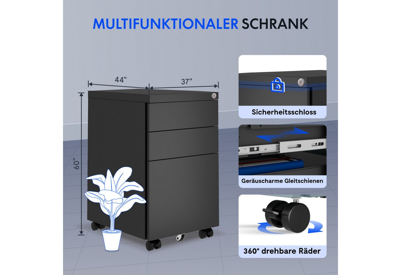 FLEXISPOT Rollcontainer Aufbewahrungsschrank, Büroschrank MIT Schloss, vormontiert, (inkl. 3 Schubladen, grundsolide Verarbeitung, Bürocontainer mit Schubladen  – Bild 2 von 5