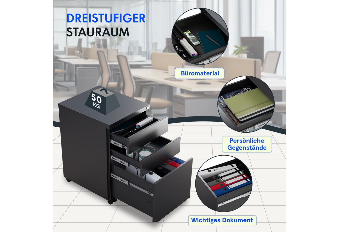 FLEXISPOT Rollcontainer Aufbewahrungsschrank, Büroschrank MIT Schloss, vormontiert, (inkl. 3 Schubladen, grundsolide Verarbeitung, Bürocontainer mit Schubladen  – Bild 4 von 5